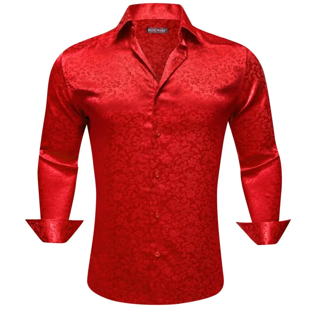 

Luxury Shirts for Men Silk Satin Red Flower Long Sleeve Male Blouses Casual Lapel Tops Breathable Streetwear Barry Wang