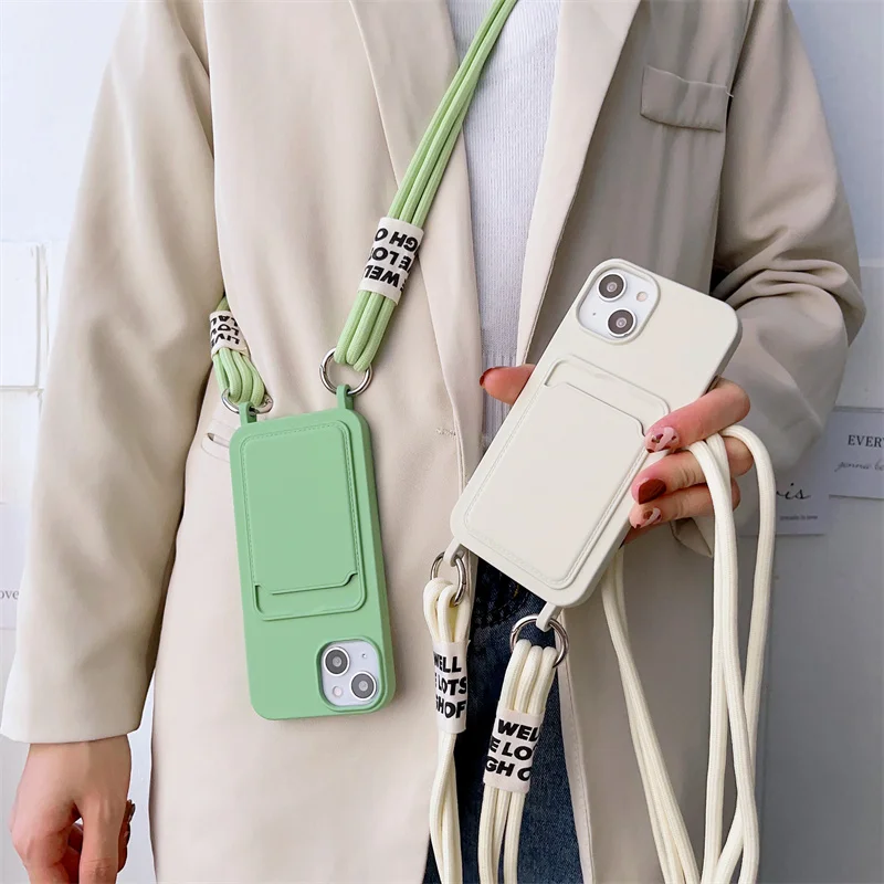 Crossbody kaklarotas siksna Virves Card Bag telefona maciņš iPhone 15 14 13 Pro Max Plus silikona mīksts TPU triecienizturīgs aizmugure_voghion.com