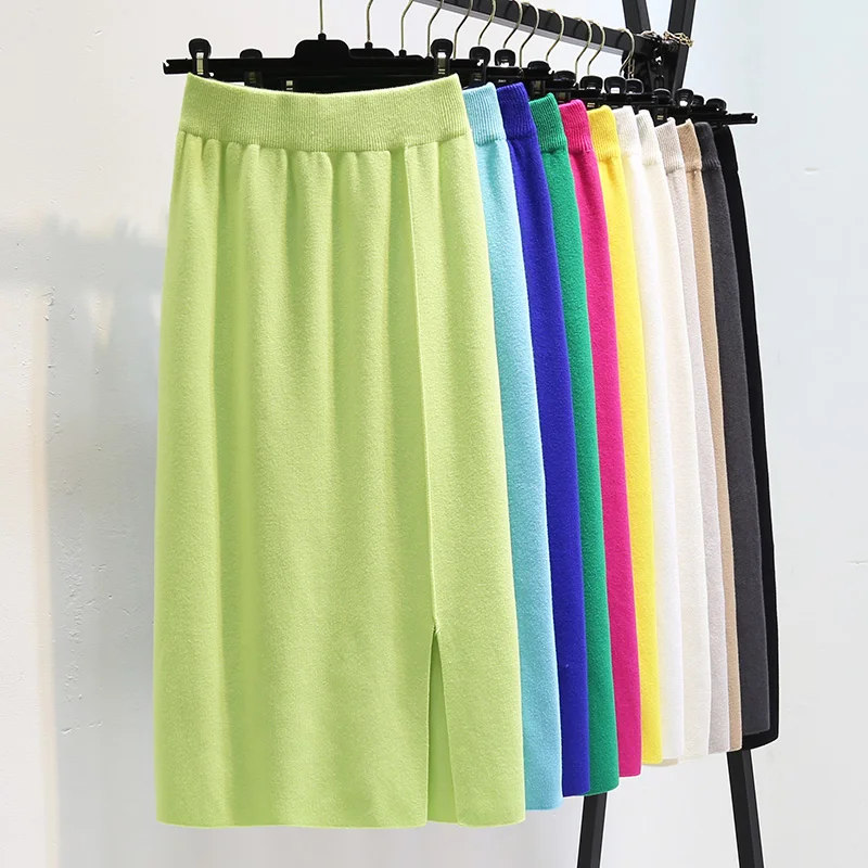 

2024 Autumn Women New Type Knitted Split Long Muslim Fashion High Waist Knit Pastel Midi Casual All-match Pencil Skirts F31