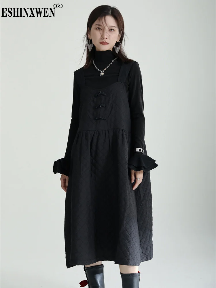 

Eshin 2023 Autumn Women Black Bandage Cotton-padded Long Dress New Round Neck Sleeveless Loose Fit Fashion Dresses TH4689