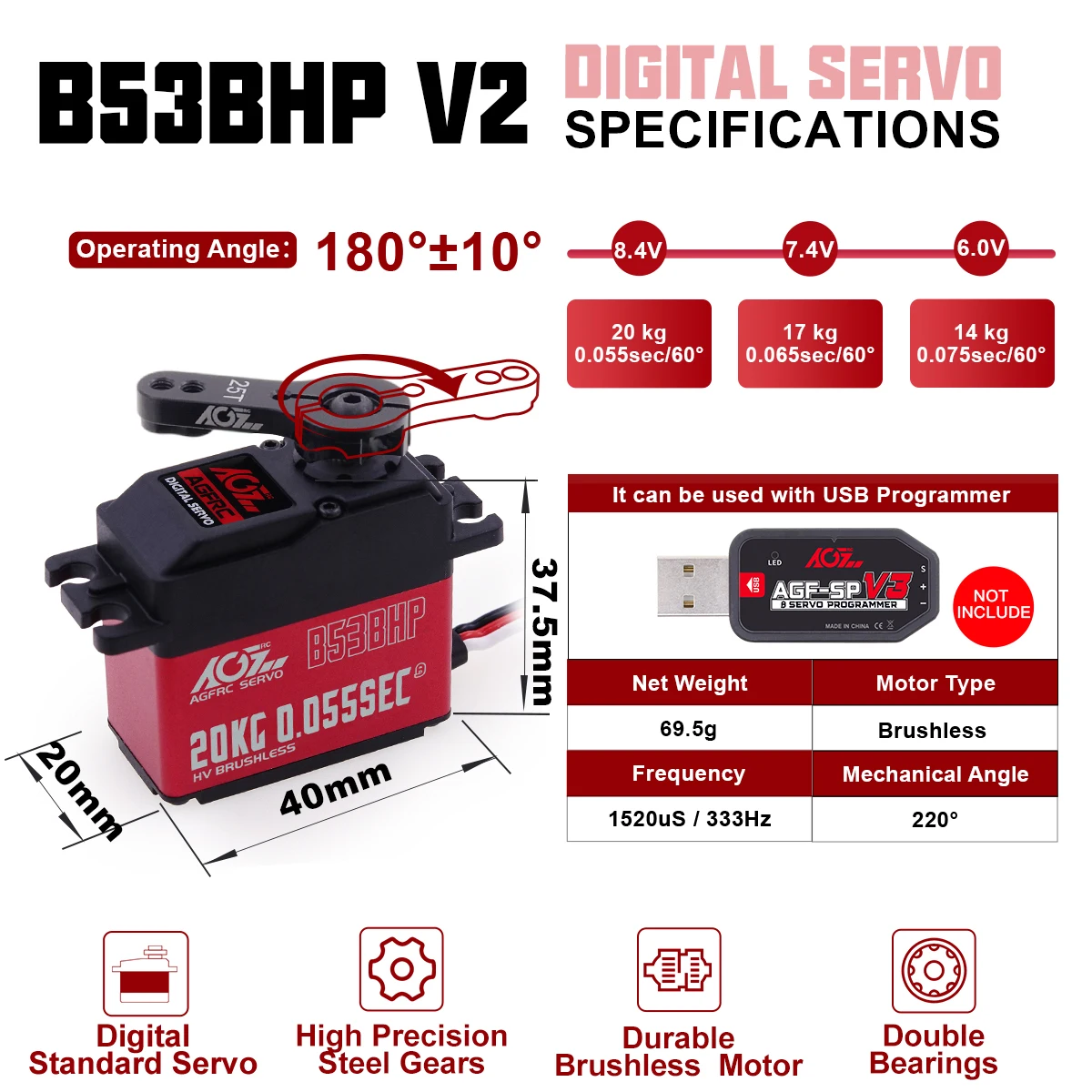 AGFRC 귯ø RC  1/10 RC ī Ʈ ũѷ, α׷   ǥ , ƿ  ׷̵, B53BHP V2 HV 20kg