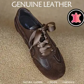Suede Retro Lace Up Casual Flat Shoes Women Comfort Shallow Autumn Footwear Female Brown Genuine Leather Ballet Sneakers Women 1