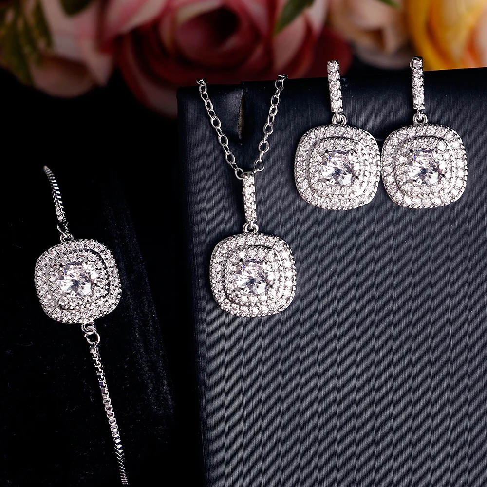 ZAKOL 3 Pcs Brilliant Micro Paved Zirconia Square Earring/ Necklace/Bracelet Jewelry Set for Women Gorgeous Wedding Jewelry 5