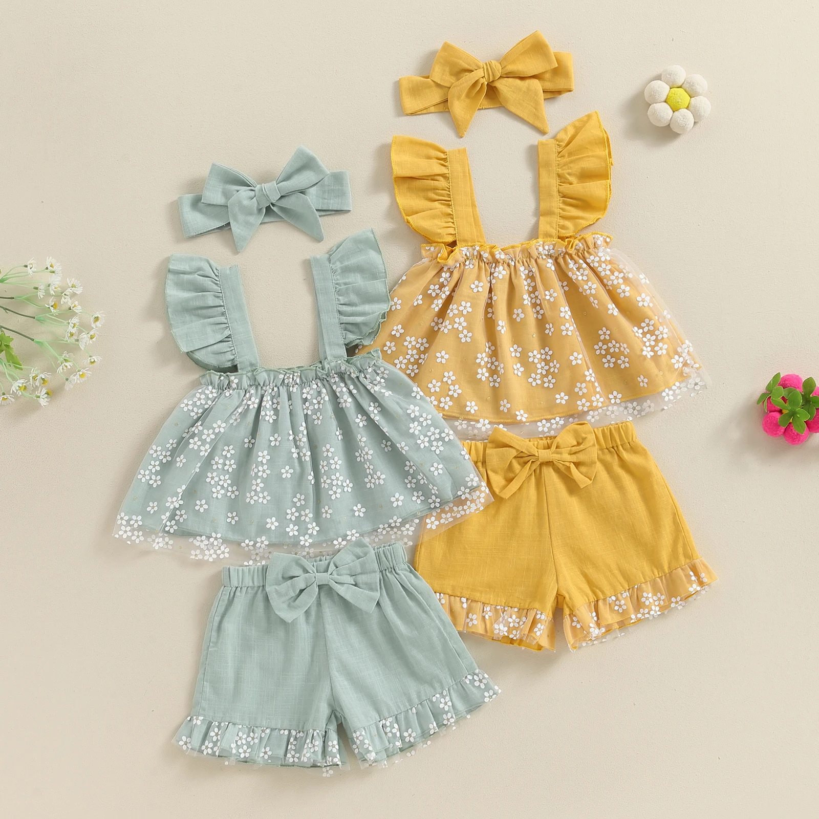 Citgeett Summer Kids Toddler Girl Outfit Floral Print Mesh Fly Sleeve Tops Bow Elastic Waist Shorts Headband Clothes Set