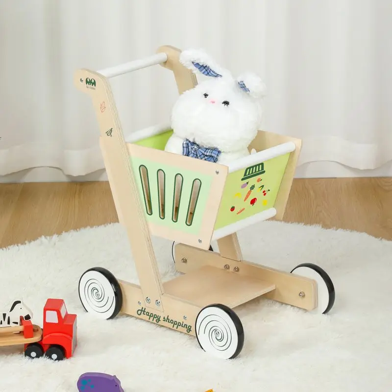 Colorful Shopping Cart Wooden Household Toys Baby Stroller Three Colors Trolley Toddler Cart 3