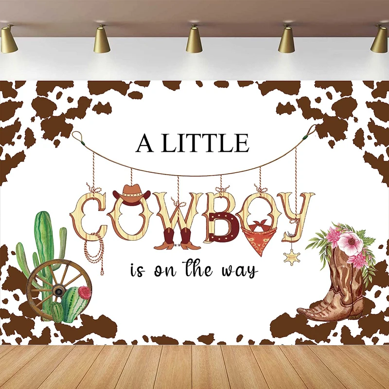 Cowboy Baby Shower Photography Fondale Western Rustic Rodeo Hat Stivali Di Cactus Cute Brown White Cow Skin Flowers Plant Background