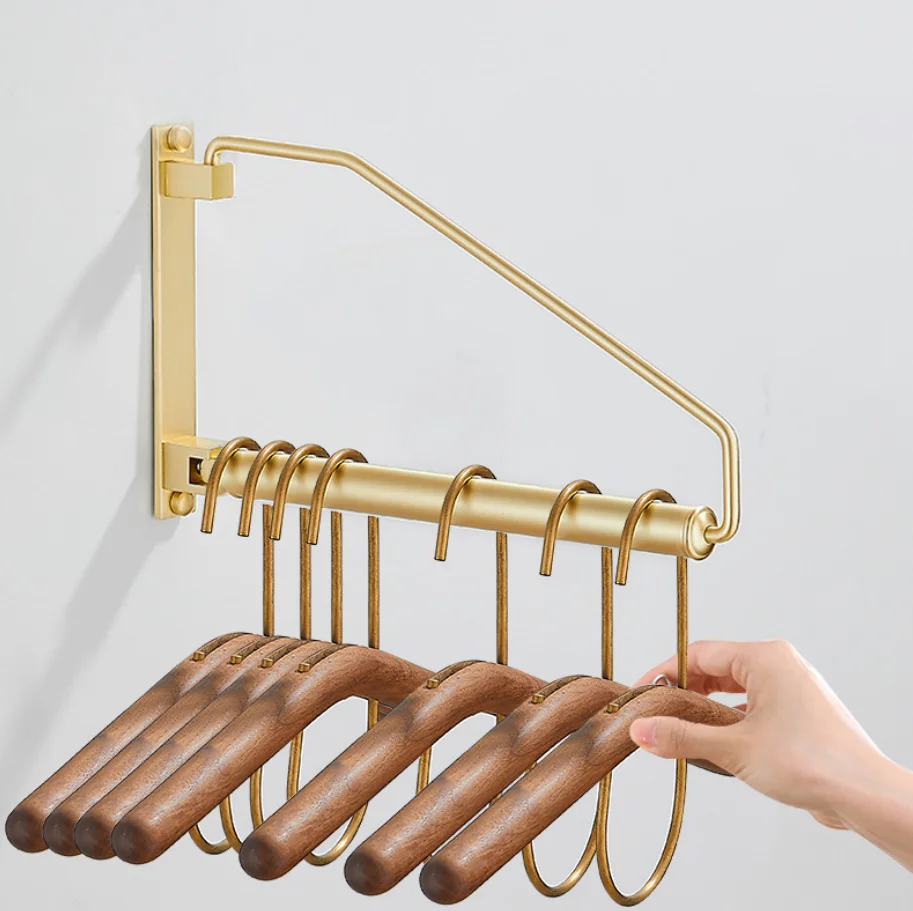 Brass revolving clothes hanger golden clothes hanger balcony wardrobe storage rack perforated wall hanging rod