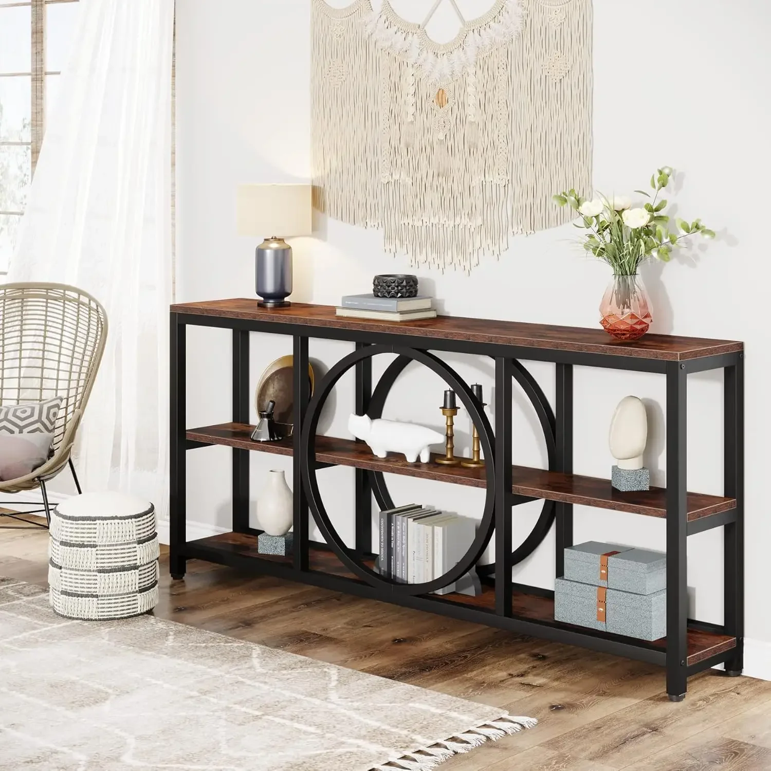Extra Long Console Table, 70.9 inch Narrow Sofa Tables with 3 Tier Wood Storage Shelves Industrial Metal Frame for Entryway 6