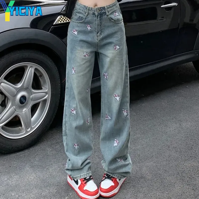 

YICIYA Jeans Rabbit embroidery y2k pants American Women's winter New Drawstring Pocket High Waist Loose Straight Wide Leg Pant