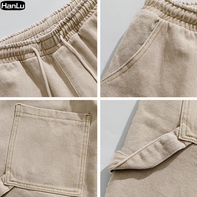 Men's Summer New Casual Work Shorts Men's Retro Ribbon Design Solid Elastic Waist Men's Shorts