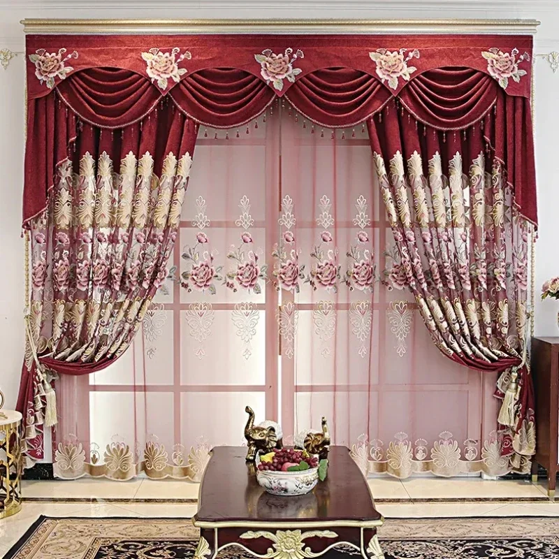 European Red Luxury Blackout Embroidered Hollow American Curtains for Living Dining room Bedroom Tulle Valance Customization