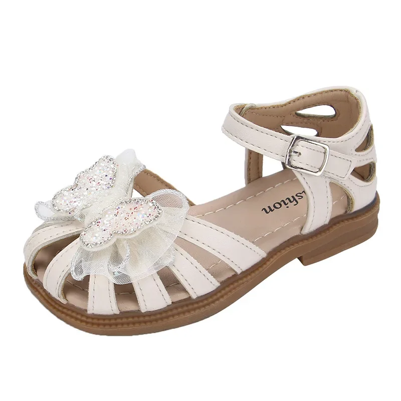 2025 Summer Girls Sandals Princess Beach Shoes Cut-outs Kids Sandals Crystal Butterfly Lace Sweet Soft Breathable Anti-kick Cute