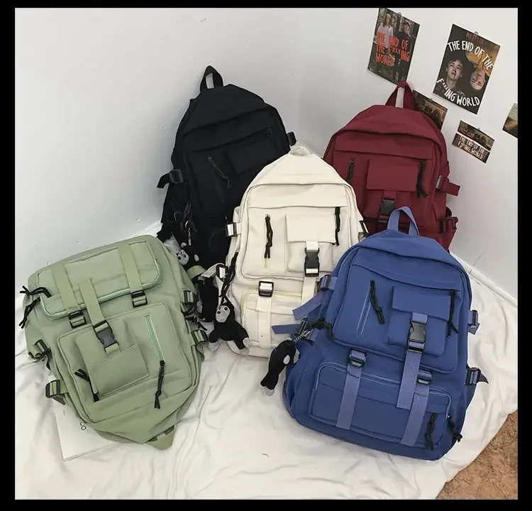 Preppy Style Black Backpack Unisex Women Men Backpack Nylon Waterproof Multi-Pocket Design Mochilas Teenagers Shoulder Bag