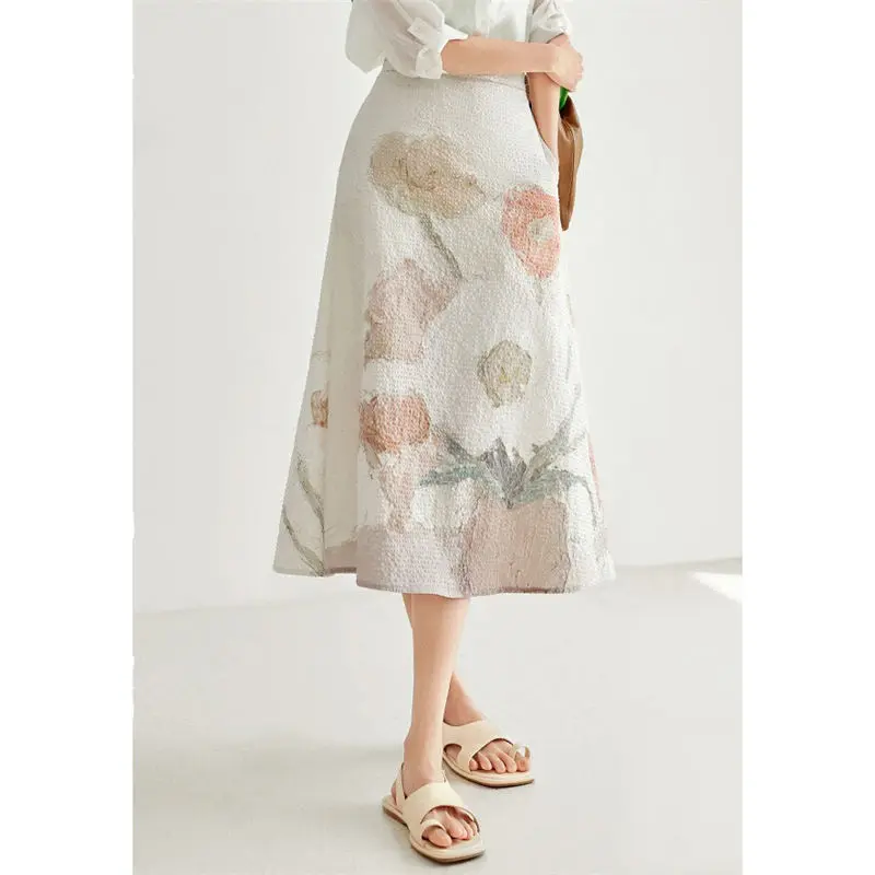 Spring Summer Women's Clothing Elastic High Waisted Buttons Floral Tie Dye Straight Bag Hip Office Lady All-match Knee Skirts