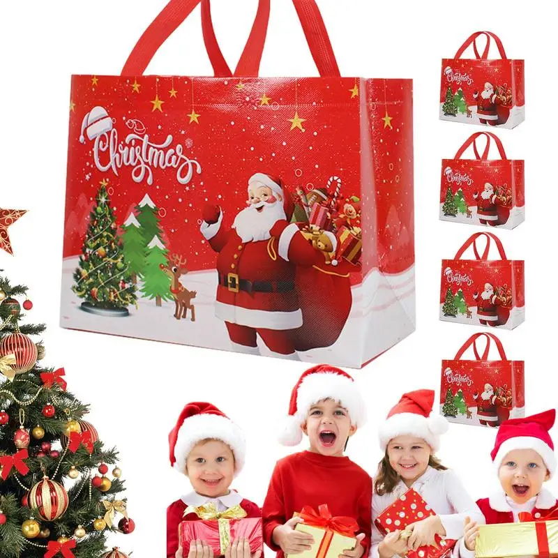 

5pcs Christmas Gift Bags Printed Cute Cartoon Santa Claus Tote Bag With Handles Portable Candy Biscuit Bag Christmas Decorations