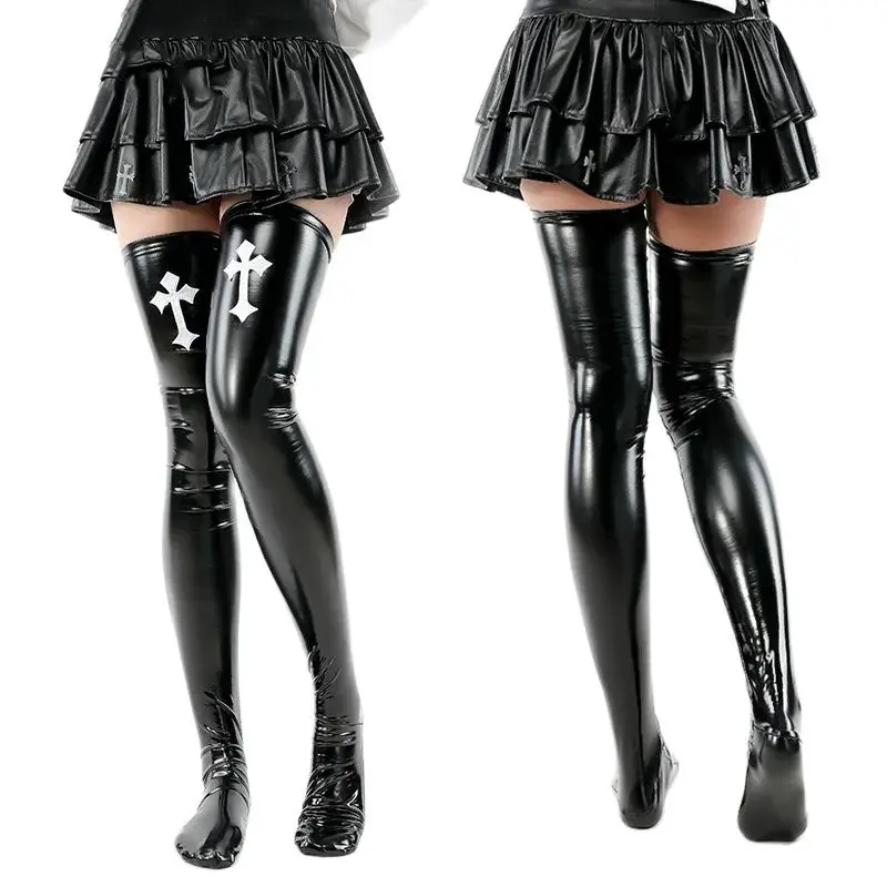 Nun Cosplay Sister Cross Black Patent Leather Thigh High Latex Stockings Women's Glossy Long Socks Skinny Catsuit Stocking