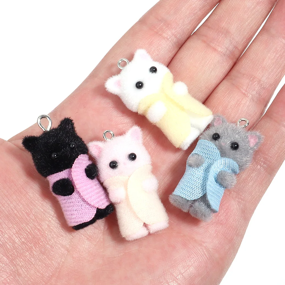 30Pcs Kawaii 3D Flocking Cat Charms Cute Cartoon Cat Ornament Pendant Earring Keychain Accessories for DIY Crafts Jewelry Make