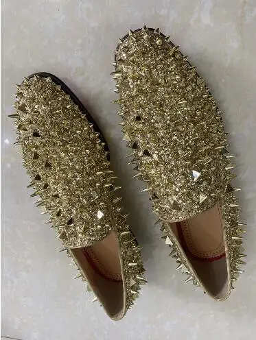 Hot Green Gold Long Spike Rivet Glitter Round Toe Flat Loafers Man Fashion Slip On Shallow Low Top Hot Green Gold Long Spike Rivet Glitter Round Toe Flat Loafers Man Fashion Slip On Shallow Low Top