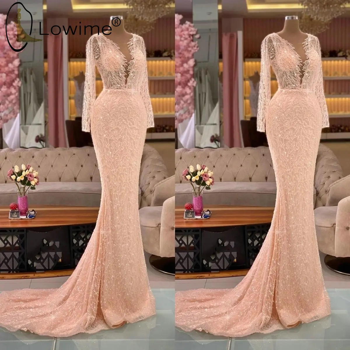

Gorgeous Elegant Evening Dresses for Women Lace Sequins Mermaid Prom Gowns Lace Long Sleeve Party Dress Formal Vestidos
