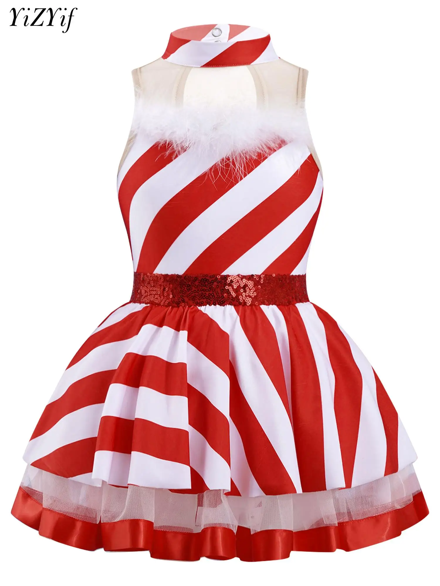 

Kids Girls Christmas Costume Mrs Santa Cosplay Candy Cane Striped Tutu Leotard Dress Figure Ice Skating Performance Dancewear