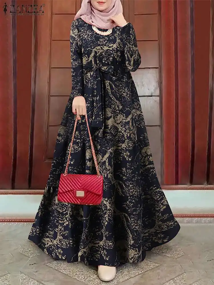  - ZANZEA Women Vintage Muslim Maxi Long Dress Spring Long Sleeve Dubai Turkey Abaya Hijab Dress Islamic Clothing Robe Sundress