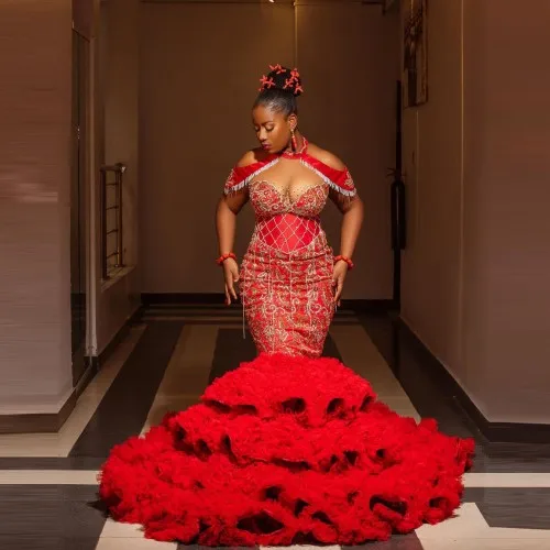 

Luxury Red Mermaid Evening Dresses Flouncing Ruffles Lace Beaded Women Prom Dressing Gowns Cap Sleeves Custom Made 2022