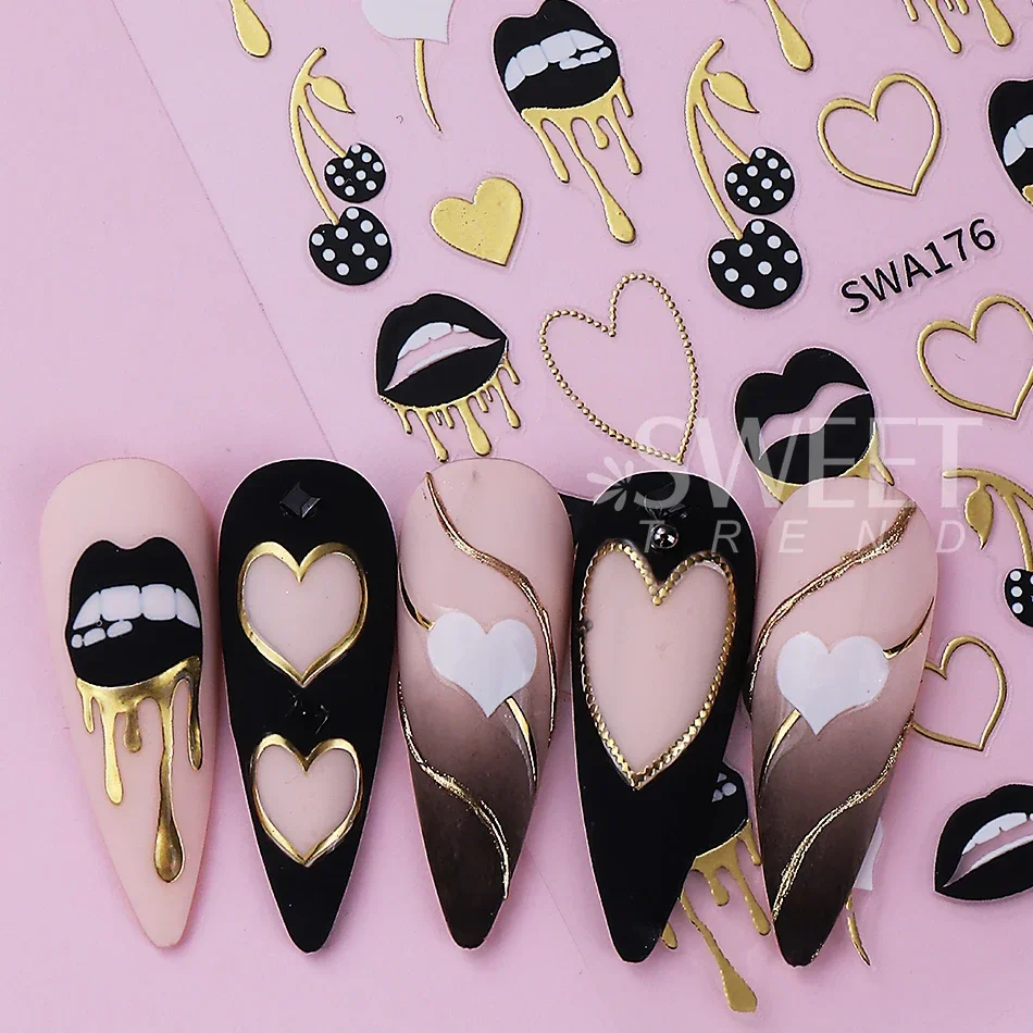 2pcs Black Lips Love Heart Nail Art Stickers Sexy Valentine Metal Line Love Cherry Self-adhesive Nail Decals DIY Manicure Decor