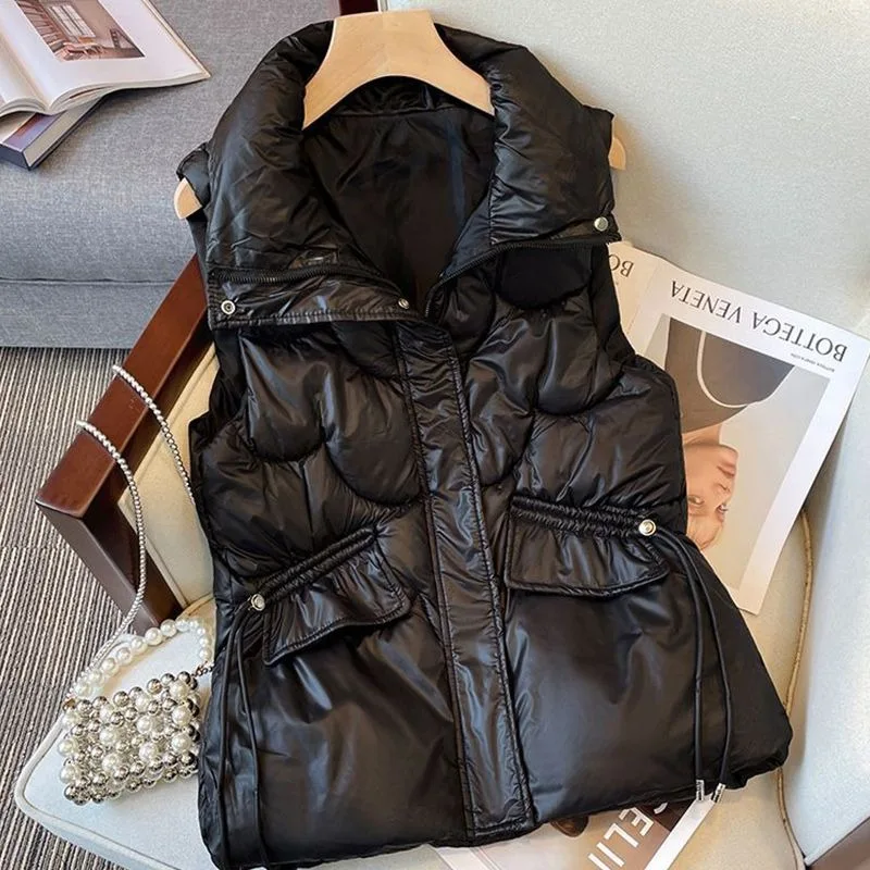 2024 New Korean Version Wash-free Shiny Down Cotton Vest Women's Short Loose Stand-up Collar Horse Clip Autumn Winter Vest