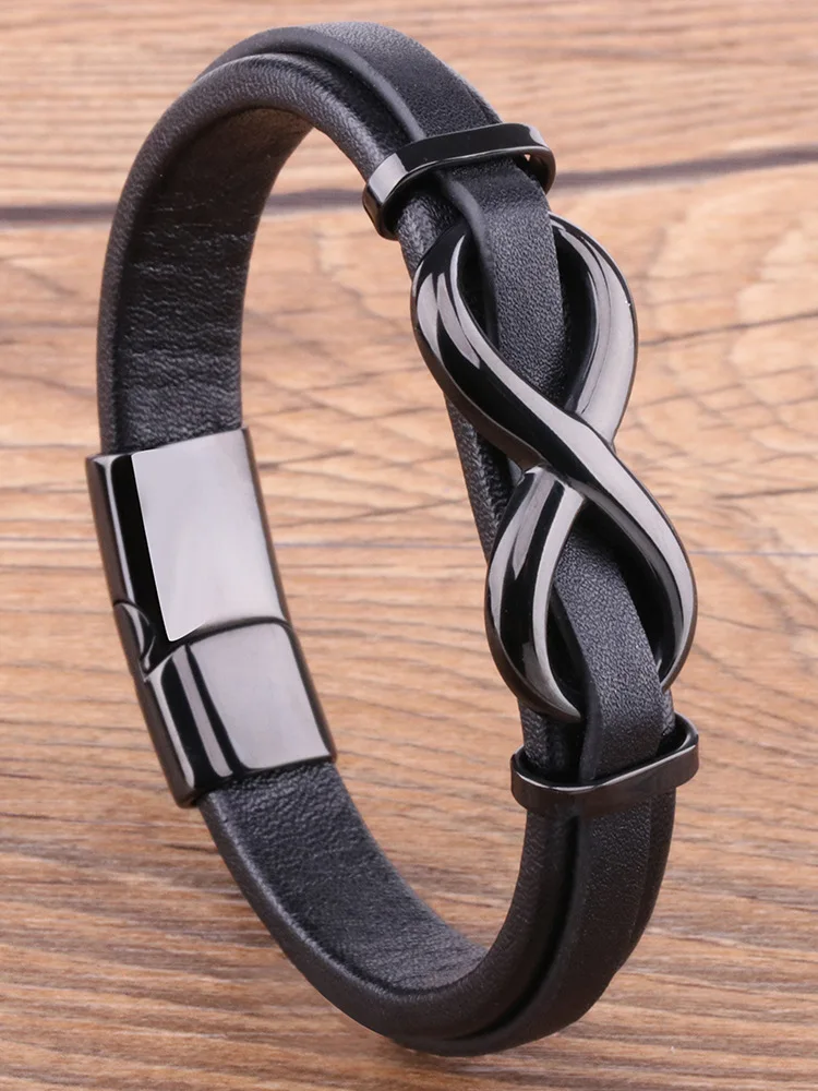 Braccialetto In Pelle Moda Infinity Logo Bracciale Da Uomo In Acciaio Inossidabile Gioielli Per Uomo Regalo Di San Valentino Capodanno