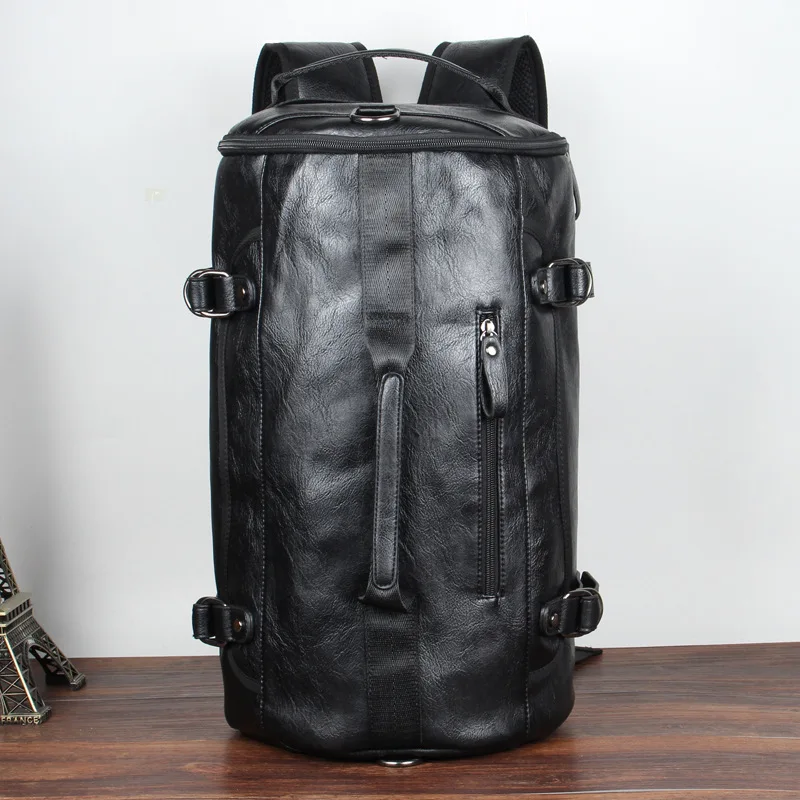 Black Men Multifunction Travel Bag PU Leather Casual Large Capacity Laptop Rucksack Male Hike Bucket Backpack