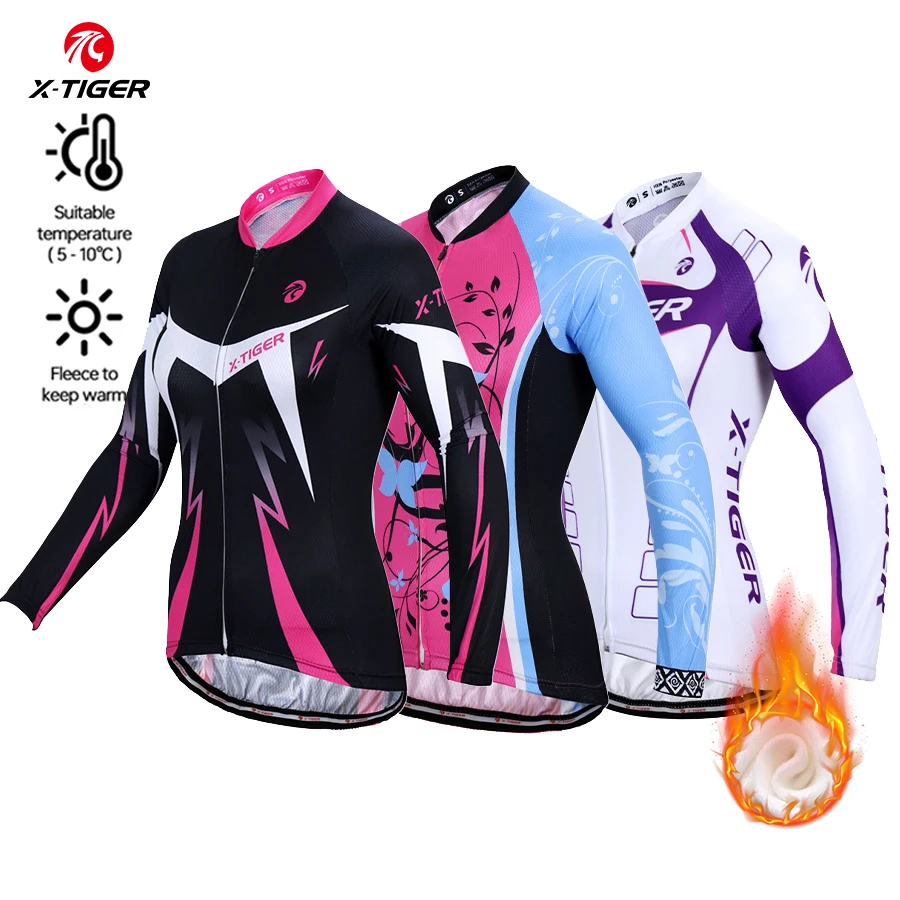 Women Sports T Shirt X-TIGER Women's Winter Cycling Jersey 5-10℃ Outdoor Sports Warm Fleece Fabric Long Sleeve Sportswear with Back Storage Pockets