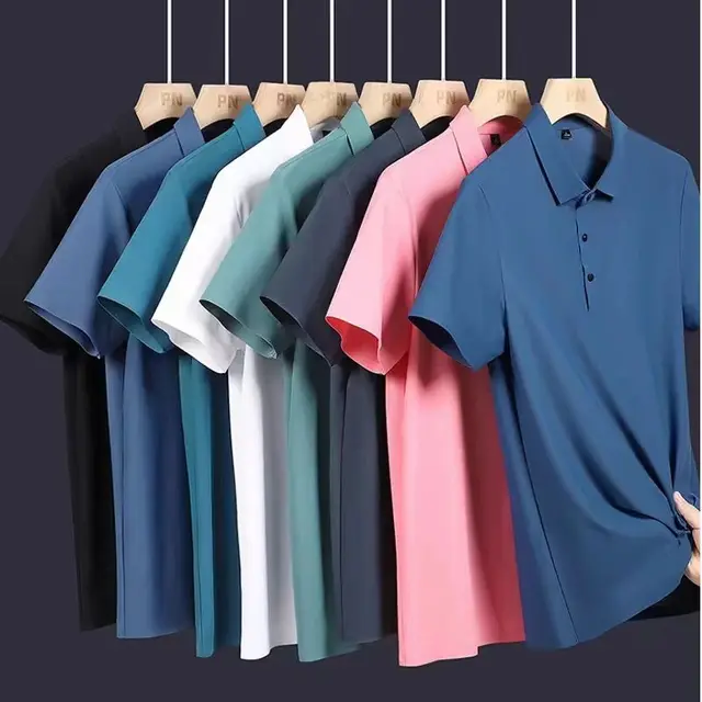 Polo d'été en soie glacée M-8XL, T-shirt haut de gamme, couleur unie, nouveau, manches courtes, sans traces, décontracté, à revers, pour homme, coupe fine, style affaires 1