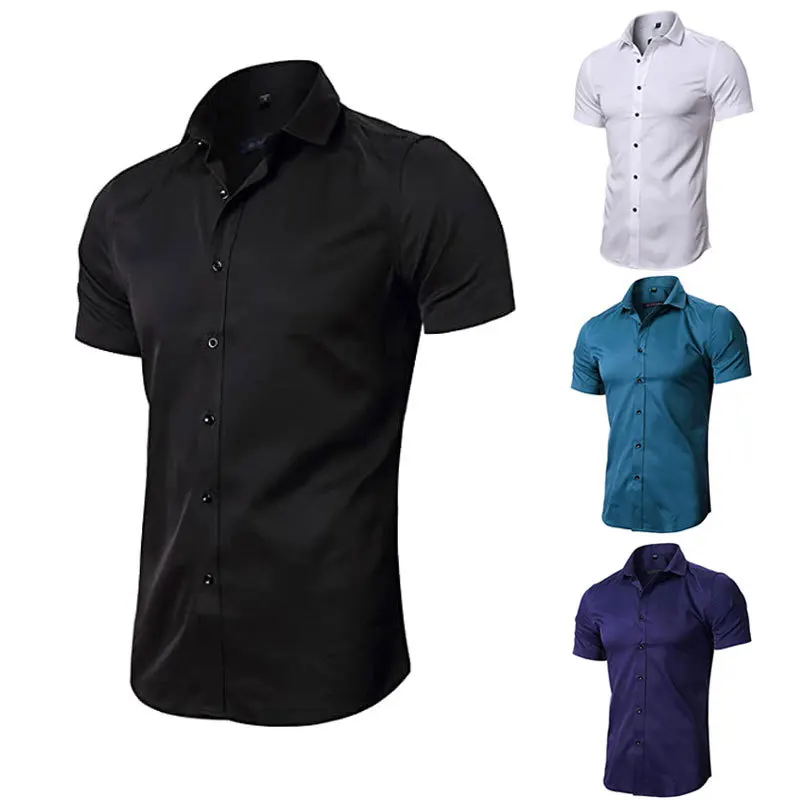

Luxury Dress Shirts Men's Slim-Fit Stretchy Short-Sleeved Casual Shirt with Wrinkle-Free Feature and Cardigan Design for Men
