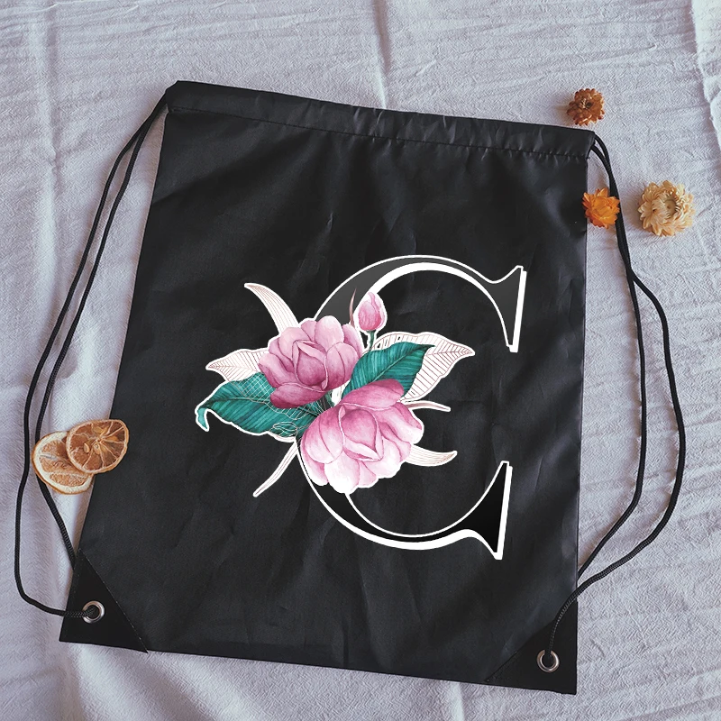 Drawstring Bag Alphabet Flower Print Man and Women Backpack Women's Yoga Bag Portable Bags Black Childrens School Backpack
