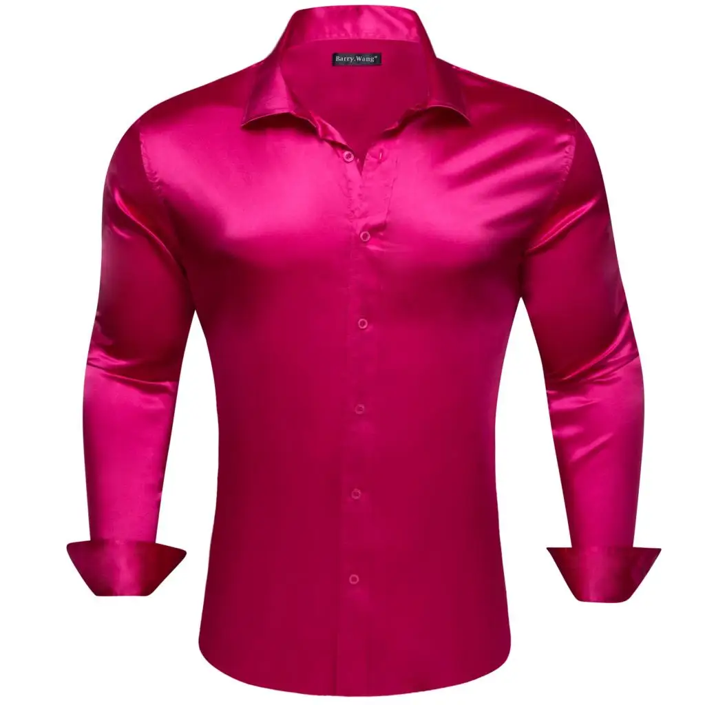 Designer Mens Shirts Silk Mercerized Solid Satin Magneta Red Long Sleeve Casual Business Slim Fit Male Blouses Tops Barry Wang