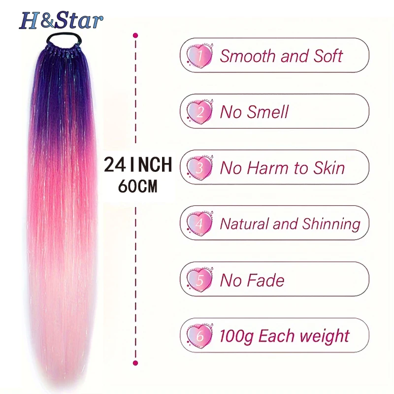 H&STAR 24Inches Synthetic Sparkle Colorful Ponytail Hair  With Elastic Hair Bands Gradient Color Braiding Festival  Hair Color