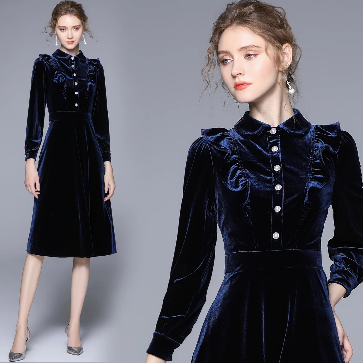 

Autumn Winter Runway Blue Velvet Dress Women Long Sleeve Turtleneck Party Dinner Slim High Waist Casual Midi Vestidos Elbise