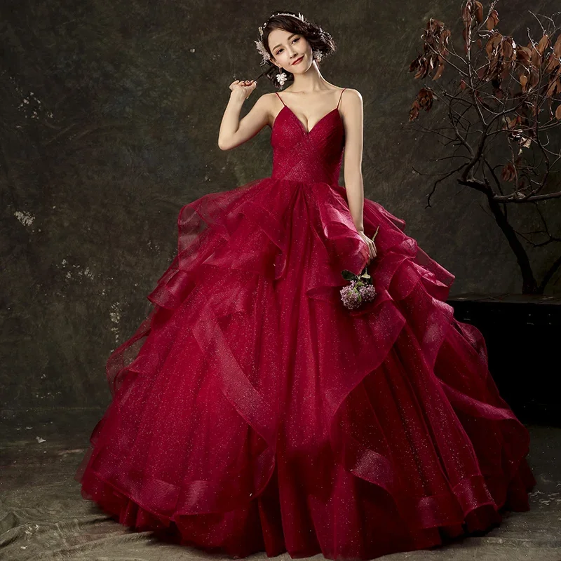 Spaghetti Strap Vestidos Shinny Quinceanera Dresses Classic V-neck Ball Gown Party Dress Plus Size Formal Gown