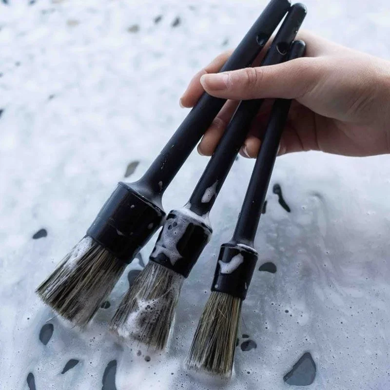 3 Pcs Natural Boar Hair Car Detailing Brush Set Soft Bristle Car Cleaning Brush Kits Atuo Tire wheel Wash Exterior Accessories 6