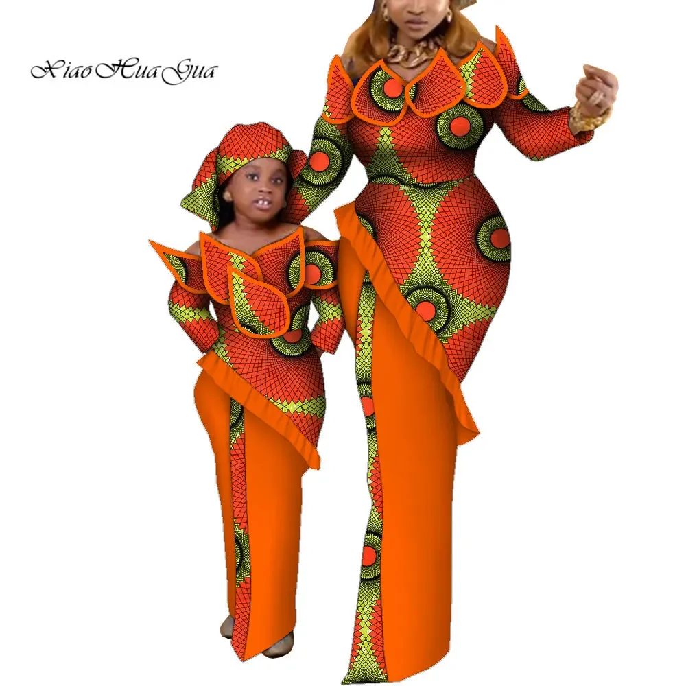 Fashion Mom Daughter Dress Ankara Dresses Women Girls Family Matching Clothing African Wax Print Dashiki Maxi Dress WYQ899