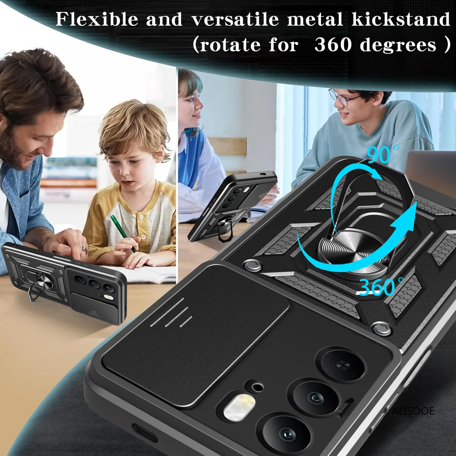 Enhanced Shockproof Armor Case with Slide Camera Cover and Ring Stand