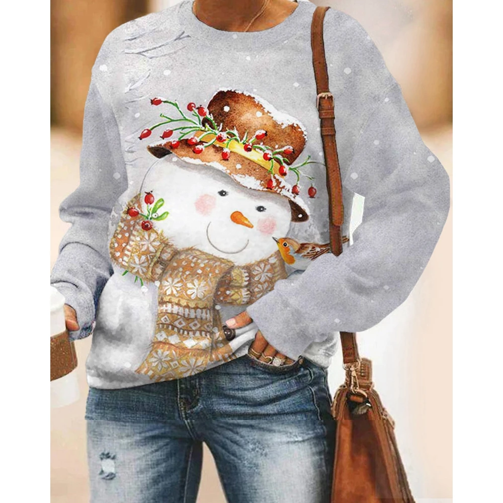 Christmas Women Snowman Print O-Neck Sweatshirt Casual Long Sleeve Pullover Basic Tee Tops Spring Daily Korean Style Clothes Y2k