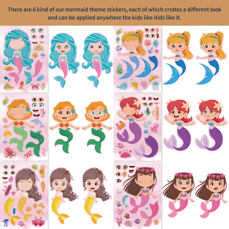 6/12Sheets Little Mermaid DIY Puzzle Stickers Funny Make A Face Assemble Sticker Kids Birthday Party Favors Pinata Filler Toys