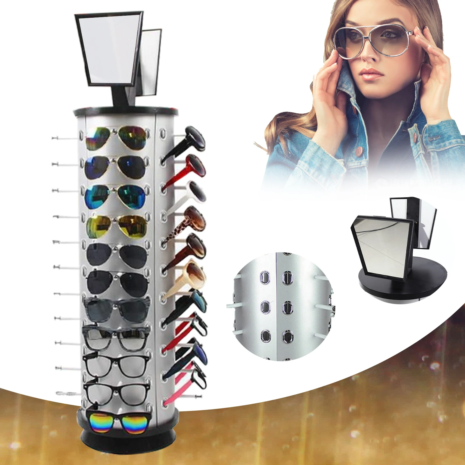 360 Rotating Sunglass Display Rack 44 Pairs Glass Holder Freestanding W/  Mirror