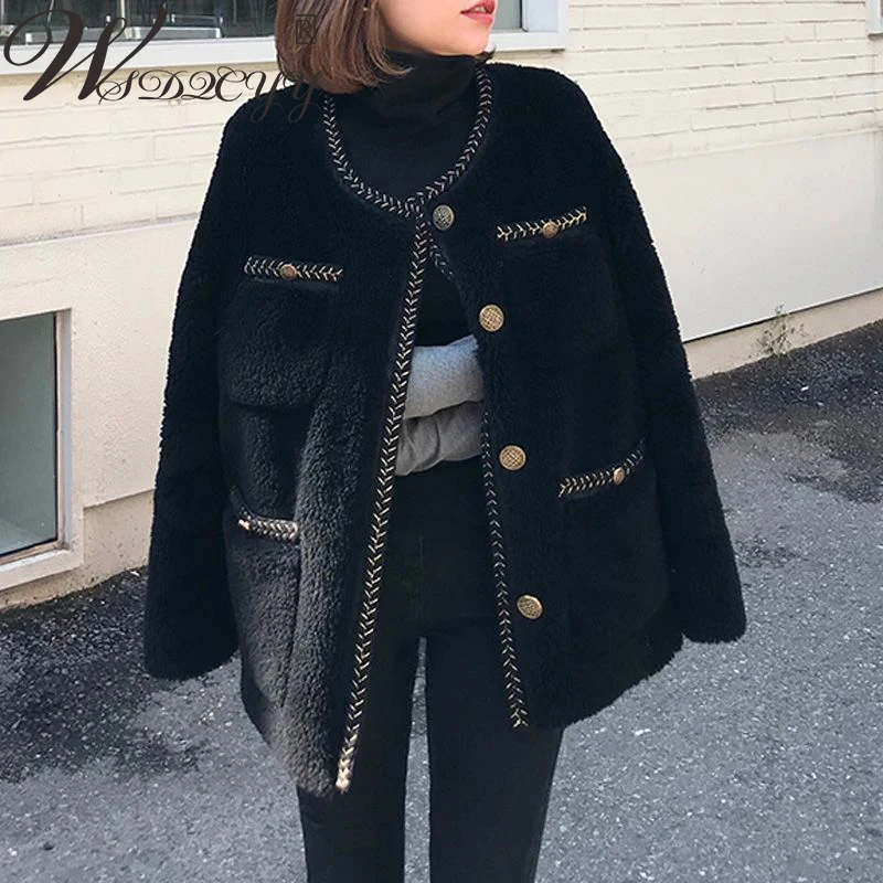 Korean Women Tweed Jacket Lamb Patchwork Round Neck Cardigans Coat Ladies  Elegant Long Sleeve Outwear Single-Breasted Oversized