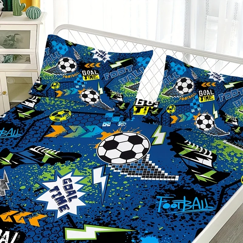 Fashion Cartoon Football Print Fitted Sheet Set Soft Comfortable Breathable Bedding Mattress Protector Set For Bedroom 2