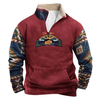 Men's Western Fleece Jacket Cowboy Bull Head Print Pullover 1/4 Zip Stand Collar Long Sleeve Country Sweatshirts Pullover Coats 6