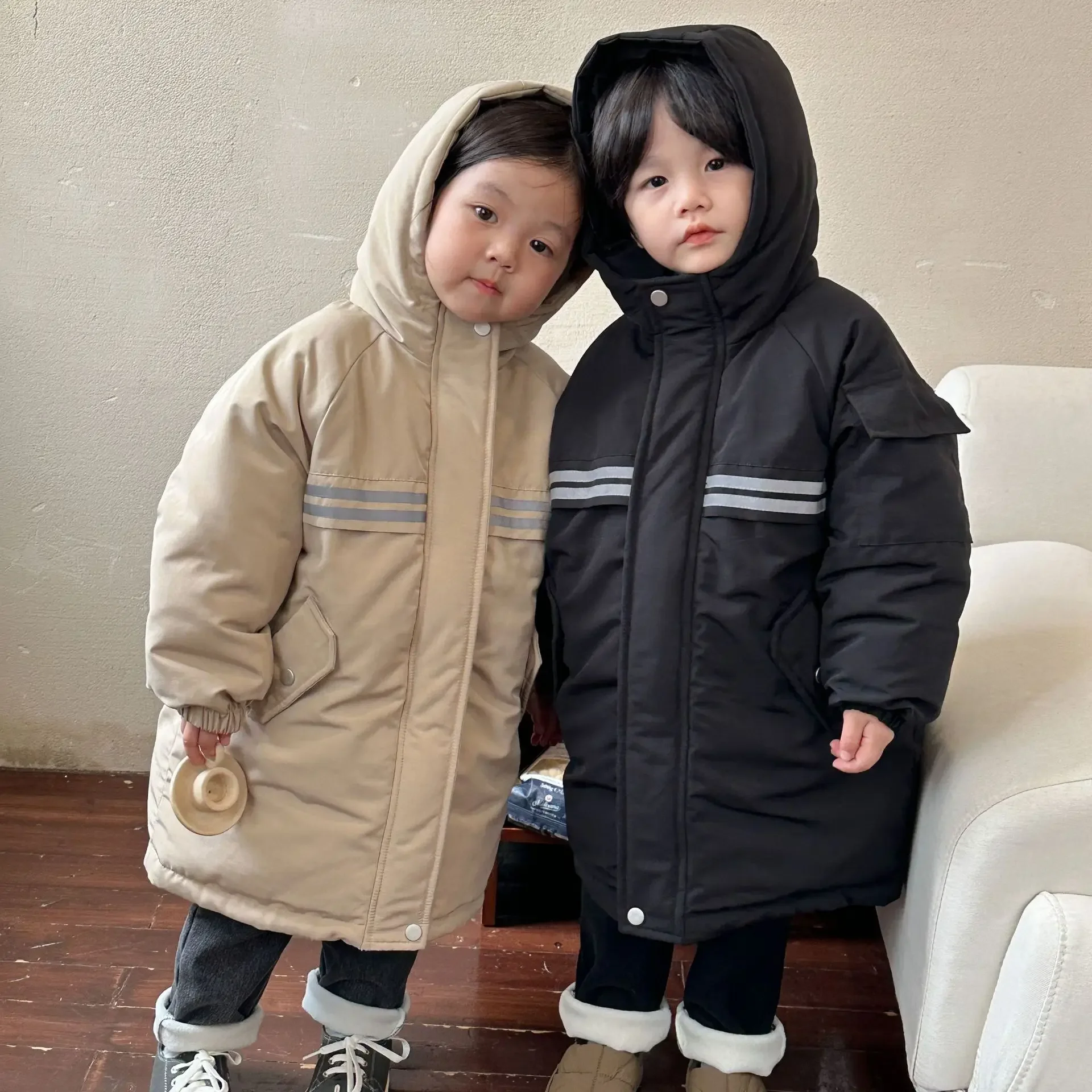 

2023 Winter Girls Boys Casual Thick Warm Long Hooded Parkas Baby Kids Children Jacket Coat