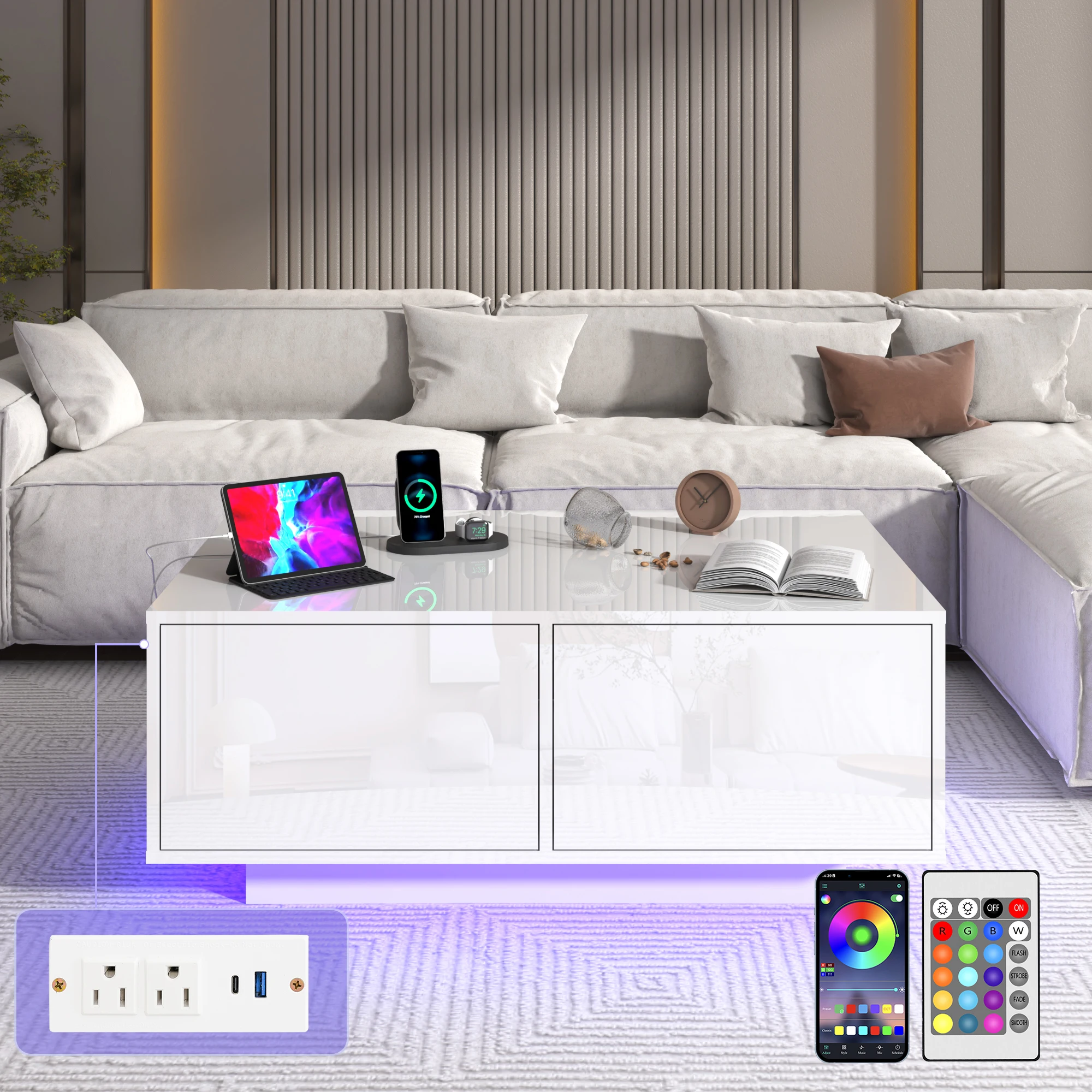 LED Coffee Table with Storage, Modern High Glossy Center Table with 4 Sliding Storage Drawers & Charging Station, Black/White