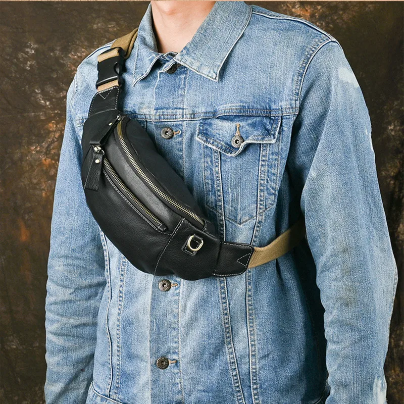 New Genuine Leather Chest Bag For Men Vintage Waist Pack Crossbody Bag Luxury Fanny Pack Male Strap Shoulder Bag